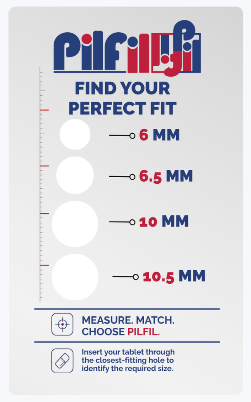 Pilfil Testing Card showing 6 mm, 6.5 mm, 10 mm and 10.5 mm tablet slots